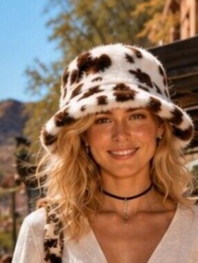 Women's C.C Faux Fur Bucket Hat in Brown & Cream Spotted